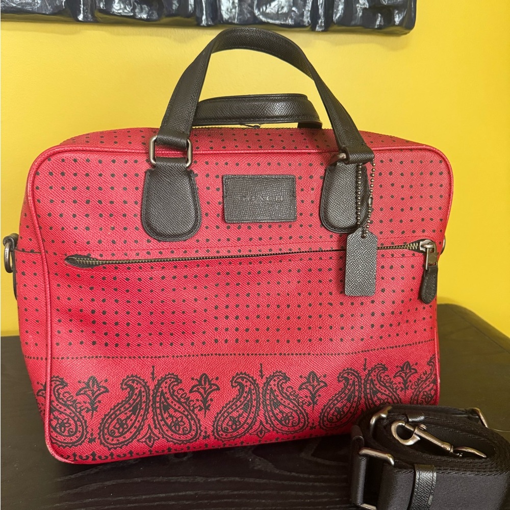 Coach Red and Black Leather Briefcase with Bandana Print